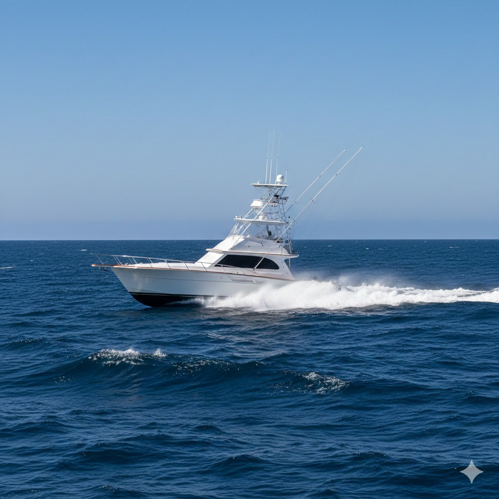 White game fishing boat travelling across the open ocean